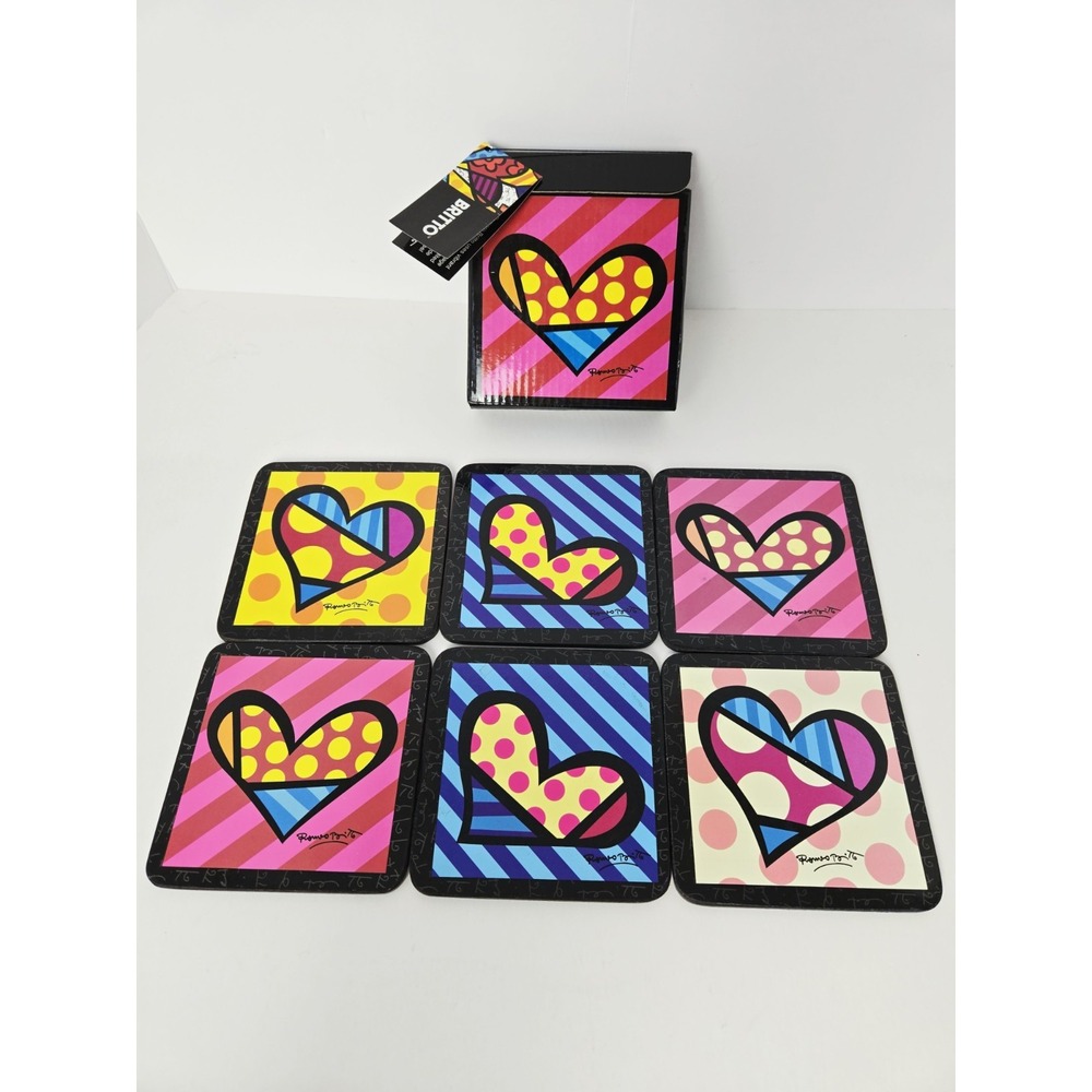 Romero Britto heart coaster set w. box 4"